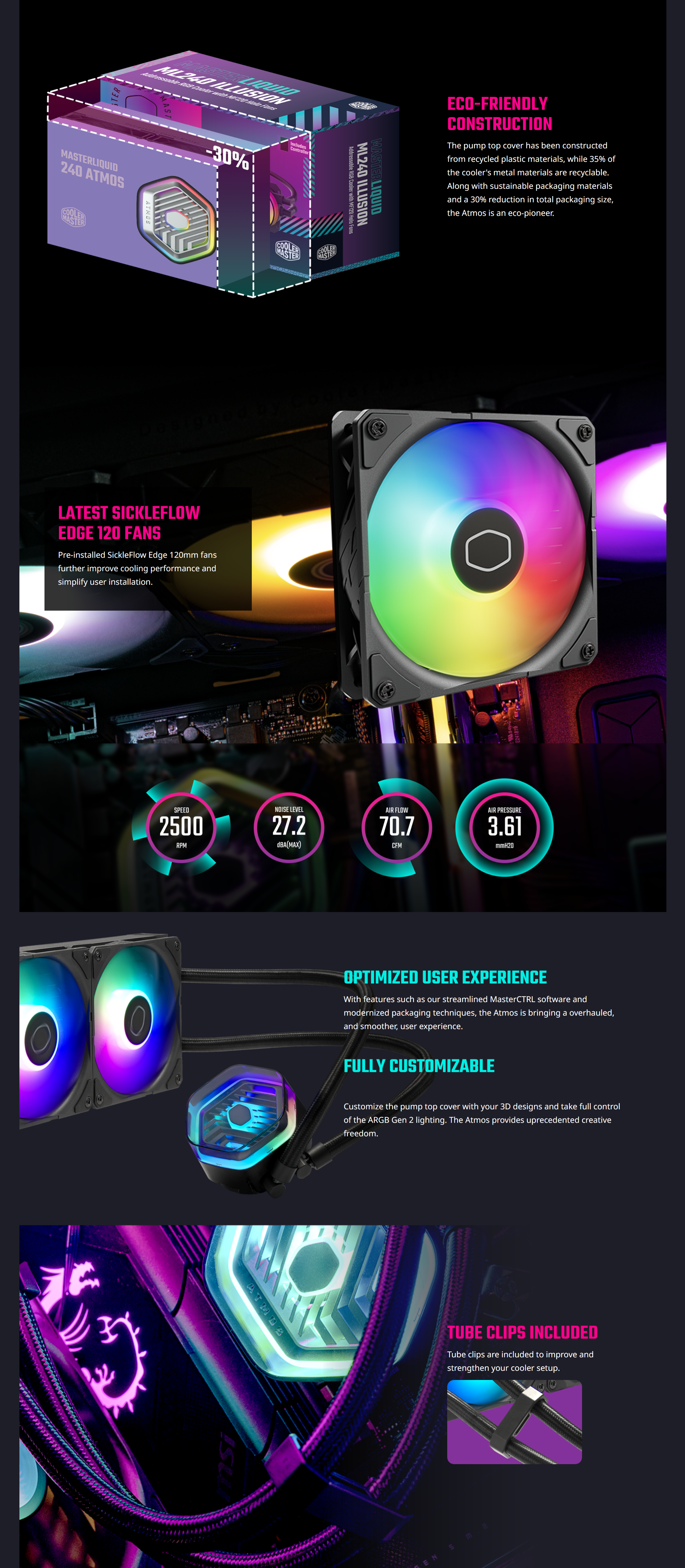 A large marketing image providing additional information about the product Cooler Master Masterliquid 240 ATMOS AIO Liquid Cooler - Additional alt info not provided